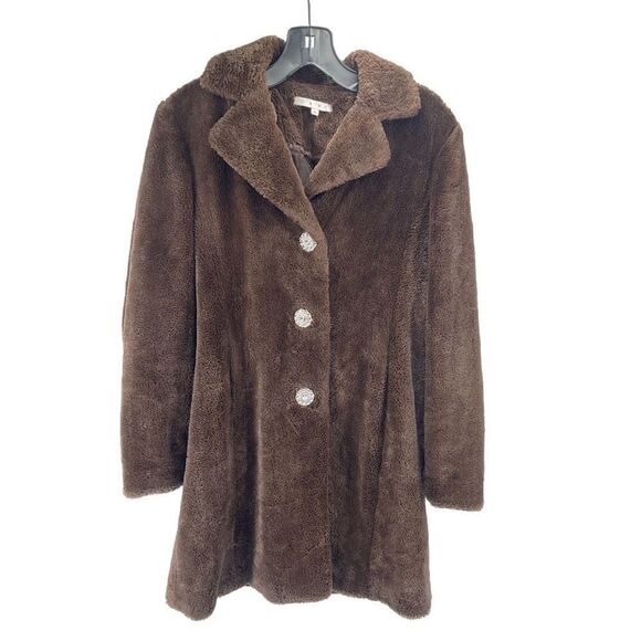 CAbi Womens Teddy Bear Pea Coat Fur Jacket Lined Crystal Button Brown Size XS - Picture 3 of 12
